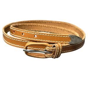 Vintage skinny western leather belt SM silver tip fits waist 25”-27” topstitched